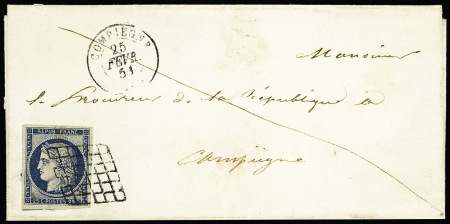N°4 OBL   grille + CAD T15 "Compiègne (58)" (1851)