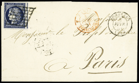 N°4, 25c   bleu, OBL grille + AD T15 Bordeaux (1851)
