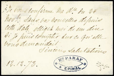 N° 59   OBL GC 1402 + T16 Epinal (1873) sur CP précurseur