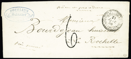 COLLECTION DE MARQUES POSTALES DE CHARENTE-INFERIEURE (1ère PARTIE) Aigrefeuille : Lettre sans timbre avec CAD T22 "Aigrefeuille de Saintonge (16)" (1858) + taxe 6 tampon manuscrite (2ème échelon de poids), ind 18. TB