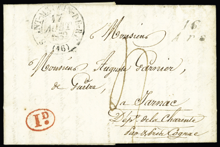 Ars : cursive "16 Ars" + T13 "St Martin de Ré (16)" (1832) + décime rural rouge, ind 9. TB