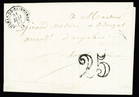 Lettre sans timbre avec CAD T15 "Aulnay-de-Saintonge 16" (1852) + taxe 25 double-trait, ind 7. TB