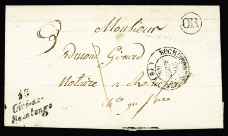 Ciré de Saintonge : Cursive "16 Ciré de Saintonge" + T15 "Rochefort-s-Mer (16)" (1849) + "OR" de Landrais, ind 16. TB