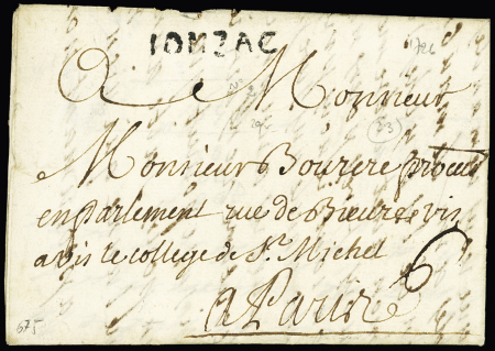 Jonzac : MP "Jonzac" (1726 - L n°2) + taxe manuscrite 6 sols, ind 23. RR et TB