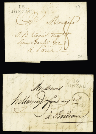 2 MP "16 Jonzac" (1827 et 1829), ind 3 chacune. TB