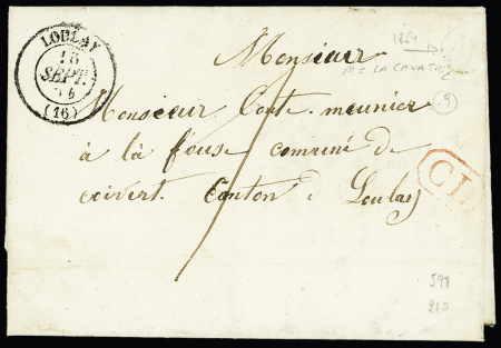 Lettre avec CAD T15 "Loulay (16)" (1854) + "CL" rouge encadré + boite rurale "M" (La Cavatrie), ind 9