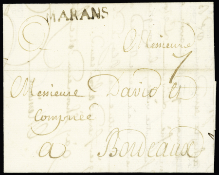 Marans : MP "Marans (1766, L n°2) + taxe manuscrite 7, ind 15. TB