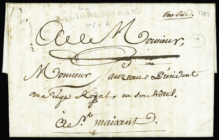Lettre avec MP "Daligre-Marans" (1783 - L n°5) + port payé manuscrit (L n°6), ind 20, certificat Pothion. TB