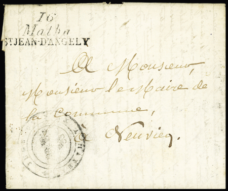 Matha : double cursive "16 Matha St Jean d'Angely" (1830), ind 20. Rare et TB
