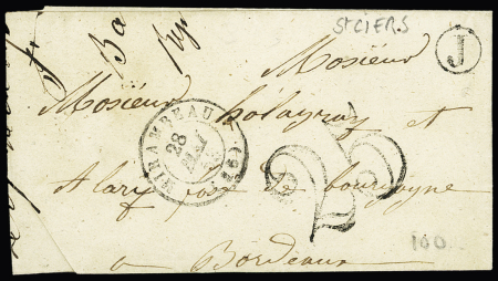 Lettre sans timbre avec CAD T15 "Mirambeau (16)" (1853) + taxe 25 double-trait + boite rurale "J" sur lettre. TB
