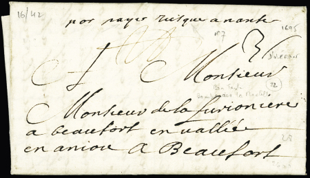 Oléron : Lettre datée d'Oléron (25 juillet 1695) pour Beaufort avec mention manuscrite "Port payé jusqu'à Nantes" (Lenain n°7), bon texte parlant de "Bombarder La Rochelle", ind 26. RRR, signé Pothion. TB