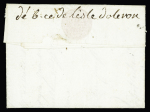 Lettre du Château d'Oléron avec au verso marque manuscrite "Deb-cé de l'Isle d'Oléron" (Oléron a été confondu avec Orléans), signé Chevalier, ind 20. TB