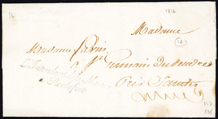 Lettre de Rochefort pour Saintes (1816) avec franchise noire "L'intendant de la Marine à Rochefort". TB