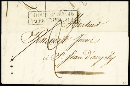 CAD d'essai rectangulaire "Rochefort 16 1 février 1828" (1er jour du cachet), signé Pothion et certificat Robineau, ind 25, RRR et TB