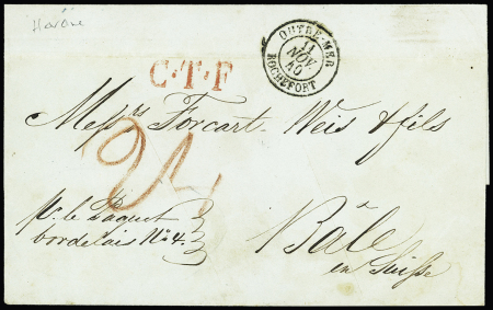 Lettre de La Havane pour La Suisse avec CAD noir "Outre-Mer Rochefort" (1840 - Salles n°150, très rare en noir), ind 23, très belle frappe