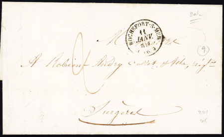 Lettre sans timbre avec CAD T16 "Rochefort-s-Mer (16)" (11 janv 1849 - bonne date) + taxe 6 manuscrite. TB