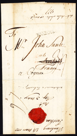 Lettre de Hambourg pour La Rochelle réexpédiée à Cognac (1777) avec au verso marque manuscrite abrégée "Deb de la Rhelle 10 avril 1777" (L n°19), ind 21, RR et TB