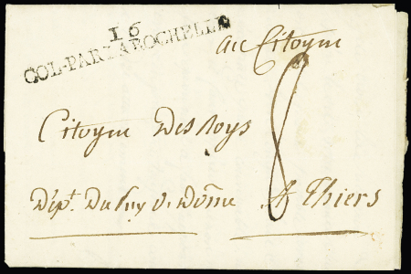 Lettre de l'Isle de France (Ile Maurice) pour Thiers (Puy de Dôme) avec MP d'entrée "16 Col par La Rochelle" + taxe manuscrite 8. RR et TB