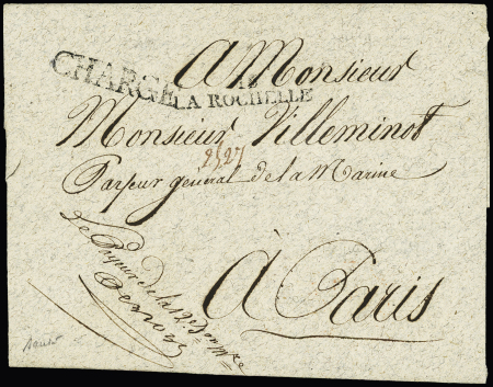 Enveloppe  avec MP "16 La Rochelle" (42x9mm) + grande griffe "chargé" de type spécial (40x8mm) (juin 1807) pour Paris, ind 22, RR et TB