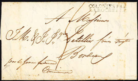 Lettre de St Paul Ile Bourbon (Réunion) pour Bordeaux avec MP "Colonies par La Rochelle" (1816), ind 18, rare et TB