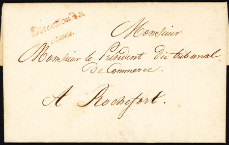 Lettre de La Rochelle pour Rochefort avec cursive rouge "Direction des douanes" et à l'intérieur en-tête "Direction des douanes royales - La Rochelle" (1818), ind 9. TB
