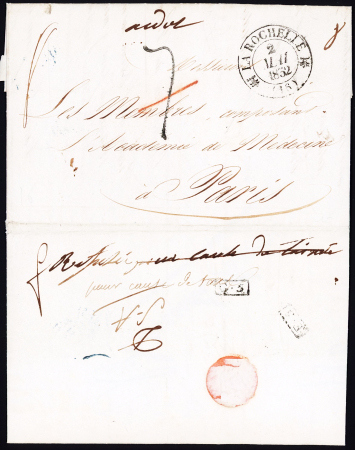 Lettre avec T12 "La Rochelle (16)" (1832) adressée à Paris aux membres de l'Académie de Médecine avec au verso mention manuscrite "Refusé pour cause de taxe", ind 10+. TB