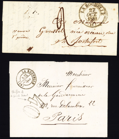 3 lettres sans timbre :2 avec T17 La Rochelle (1873 et 1874) + taxe 40 double-trait (2 types diff), l'une avec au verso cachet bleu avec déesse assise "14e légion de gendarmerie nationale - compagnie de la Charente-Inf