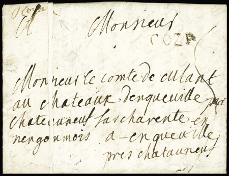 Royan : lettre de St Palais avec marque manuscrite "Royan" + MP "Coze" (E accidenté - Lenain n°2b) (marque double de service secondaire non signalée), certificat Chevalier, rareté. TB