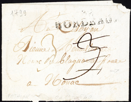 Lettre de Bordeaux pour Nonac (Charente) (1799) avec au verso MP "Deb St Jean d'Angely", frappe B mais rare