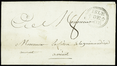 Saint Martin de Ré : marque ovale ornée "Isle de Rhé" (1776 - Lenain n°4) de St Martin. RR presque TB, ind 24