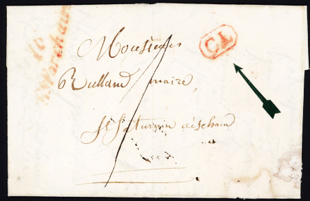 Saint Porchaire : lettre avec cursive rouge "16 St Porchaire" + "CL" encadrée rouge (sans date), ind 10. TB