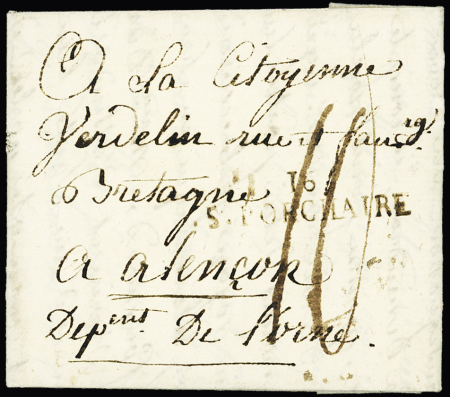 MP "16 S.Porchaire" + taxe 10 manuscrite (1796), ind 23. Pièce RR et TB