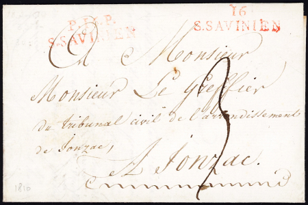 2 belles MP rouges "S. Savinien" et "P 16 P S.Savinien" sur la même lettre pour Jonzac, ind 17. TB