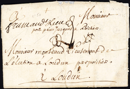 MP manuscrite "Franc au Saint-Lieu port paié jusques à Poitiers" apposé à Saintes (L n°5A - 1735) pour Loudun, ind 20. TB