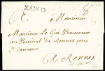 Jolie et rare MP "Xainte" (L n°1 - Dubus n°2) pour Rennes avec taxe 8 manuscrite, ind 23. TB