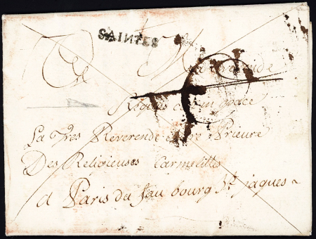 MP "Saintes" (N reversé - L n°4 - 1788), sur lettre avec franchise des Carmélites de Saintes, signé Chevalier, ind 16. TB