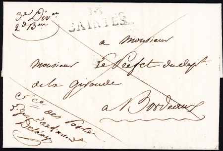MP "16 Saintes" (1820) + franchise manuscrite "Sce des Postes InspR de l'arrondisst Delaage", ind 11. TB