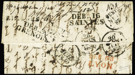 Quadruple déboursé "Deb 16 Saintes" + "Deb 37 Grenoble" + "Deb 68 Lyon" (rouge) + "Deb 81 Limoges" avec dateur "A" (1930). Certificat Chevalier. Rareté. TB