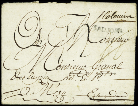 Saujon : Lettre de Joli Trou (Martinique) pour Mèze en Languedoc (Hérault) avec MP "Saujon" + MP manuscrite "Colonies" (1788) utilisée comme entrée maritime, ind 26. RRR et TB