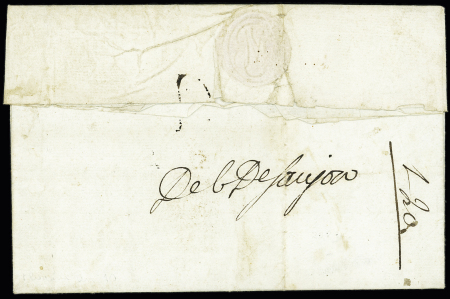 Lettre d'Angoulême 1802 pour Mosnac par Bordeaux avec au verso MP manuscrite "Deb de Saujon", ind 19. TB