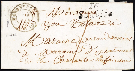 Cursive "16 Soubise" + T15 Marennes (1851), ind 14. TB