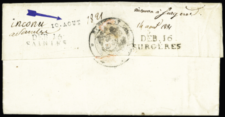 Double déboursé "Deb 16 Saintes" + "Deb 16 Surgères" (10 aout 1821), ind 25, très bel ensemble