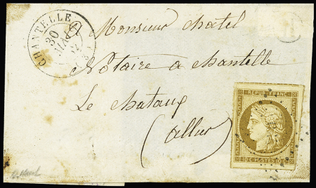N°1, 10c bistre-jaune, OBL PC 730 + T15 "Chantelle (3)" (1852) sur lettre (verso incomplet) quelques rousseurs en dehors du timbre, sinon TB, cote 750€