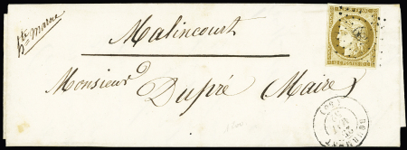 N°1, 10c bistre-jaune, OBL PC 489 + T15 "Bourmont (50)" (1852) sur lettre, TB, cote 750€