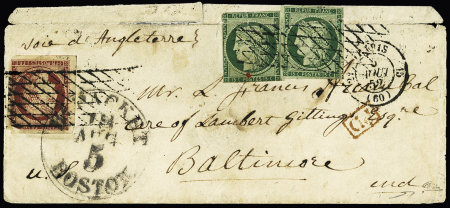 N°2, 15c vert, 2 pièces (def) + n°6, 1F carmin (touché) OBL grille sans fin + CAD T15 "2e Paris 15 (60)" (1852) sur lettre pour Baltimore (USA) avec au recto grand CAD "Packet Boston"