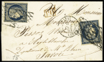 N°4, 25c bleu, 2 pièces, OBL grille sans fin + T15 "3e Paris 15 (60)" (1852) sur une petite lettre pour Aigleblanche (Savoie). TB