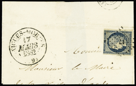 N°4, touché en haut, OBL PC 17 + grand CAD T13 "Aigues-Mortes (29) (1852) sur lettre, retaillé en bas. Sinon TB