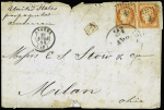 N°5, 40c orange en paire (touché), OBL PC 99 + T15 "Angers (47)" (1854) sur lettre pour les USA avec transit New-York au recto, état moyen mais rare. Cote 100€