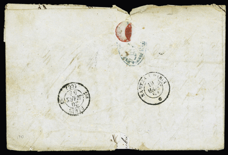 N°5, 40c orange en paire (touché), OBL PC 99 + T15 "Angers (47)" (1854) sur lettre pour les USA avec transit New-York au recto, état moyen mais rare. Cote 100€