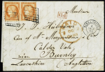 N°5, 40c orange,paire (touchée) OBL grille + T15 "Ribeauville (66)" (1850) sur lettre pour Calder Vale (Grande-Bretagne). Belle présentation. TB. Cote 1700€